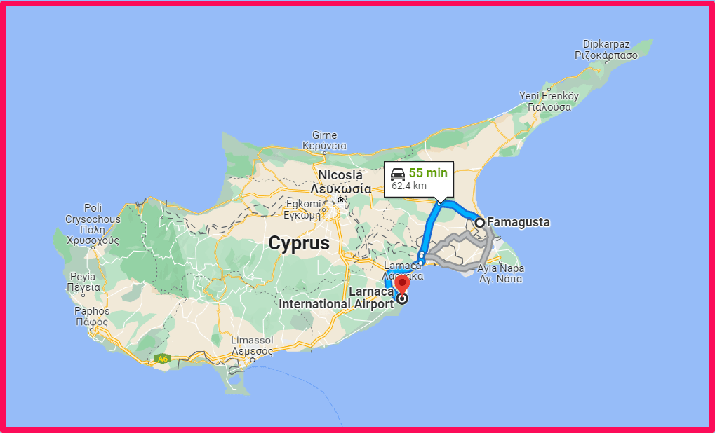 Distance between Famagusta and Larnaca International Airport