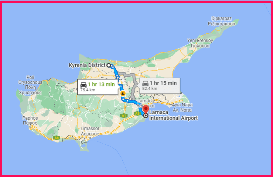 How far is Kyrenia from the Larnaca Airport