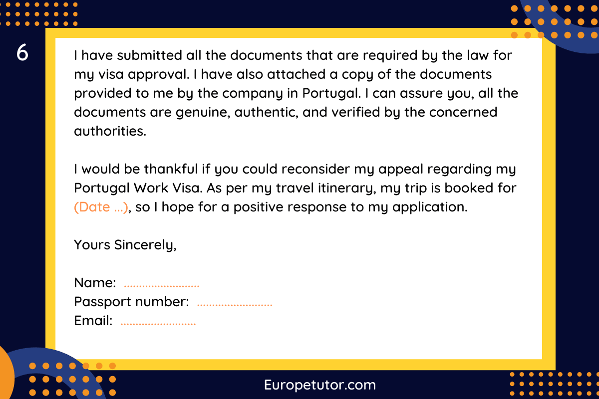 Section six of Portugal Work Visa Rejection Appeal Letter